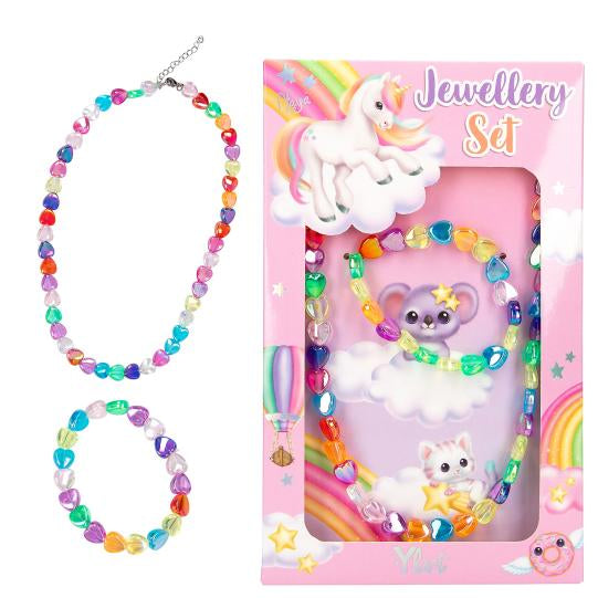 Ylvi necklace and bracelet made from colourful heart shaped beads beside the pink Jewellery Set display box.