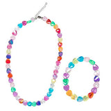 Ylvi necklace and bracelet arranged together, made from colourful heart shaped beads with a silver coloured clasp and extension chain. 