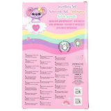 Back of the pink Ylvi Jewellery Set packaging with rainbow artwork, a purple koala illustration and product information.
