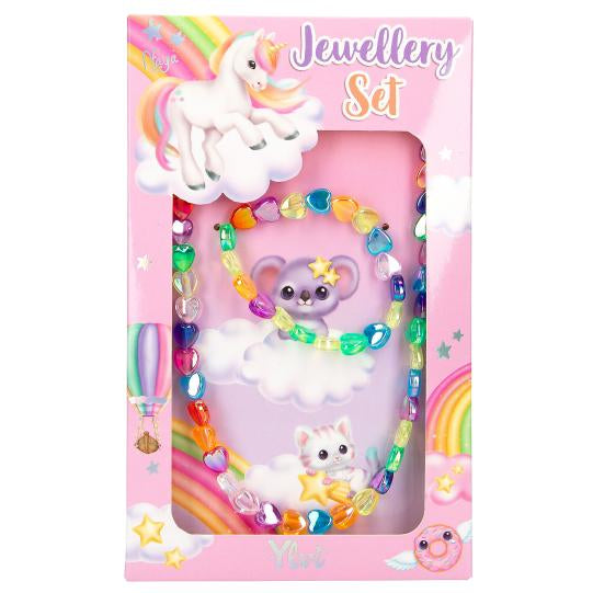 Ylvi Jewellery Set in a pink display box with the colourful heart necklace and bracelet visible inside.