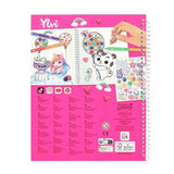 Back cover of the Ylvi Pop and Paint Colouring Book showing illustrated pages, sticker sheet and a child placing a sticker, published by Depesche