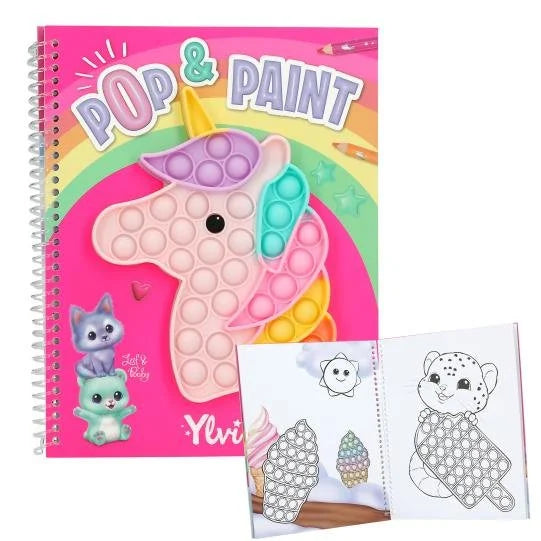 Ylvi Pop and Paint Colouring Book front cover on hot pink background featuring a unicorn-shaped pop-it fidget toy, with a view of internal pages showing dot-art colouring pages