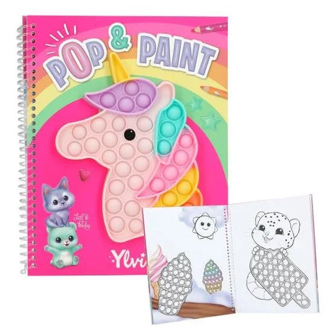 Ylvi Pop and Paint Colouring Book front cover on hot pink background featuring a unicorn-shaped pop-it fidget toy, with a view of internal pages showing dot-art colouring pages