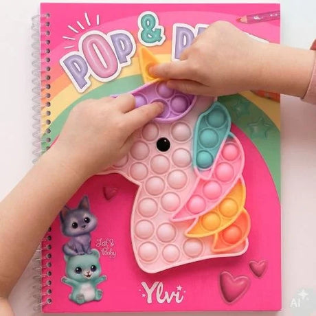 Child's hands pressing the unicorn-shaped pop-it on the front cover of the Ylvi Pop and Paint Colouring Book