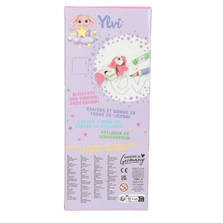 Back of Ylvi Rainbow Pencil Set packaging with product information and illustrations