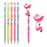 Five Ylvi rainbow pencils shown beside a pencil with a unicorn eraser attached