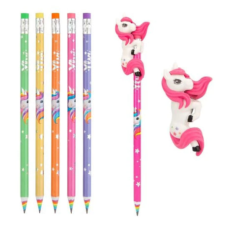 Five Ylvi rainbow pencils shown beside a pencil with a unicorn eraser attached