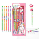 Ylvi Rainbow Pencil Set showing the pencil pack, five coloured pencils, a pencil with unicorn eraser and a small scribble drawing