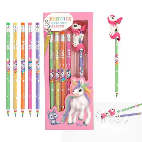 Ylvi Rainbow Pencil Set showing the pencil pack, five coloured pencils, a pencil with unicorn eraser and a small scribble drawing