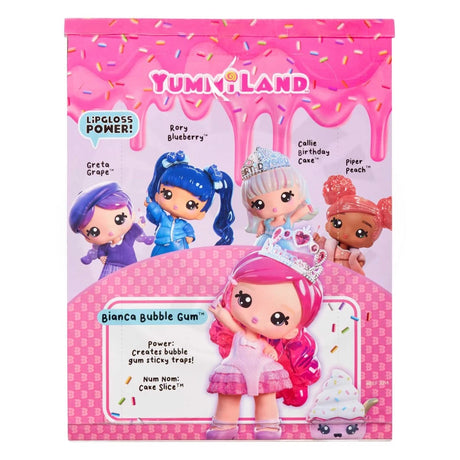 Back of Yummiland Bianca Bubblegum packaging showing doll artwork, flavour details and other Yummiland dolls