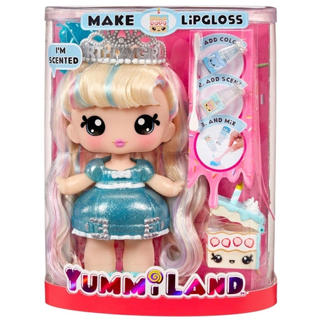 Yummiland Callie Birthday Cake doll in packaging with Make Lipgloss panel and pet container