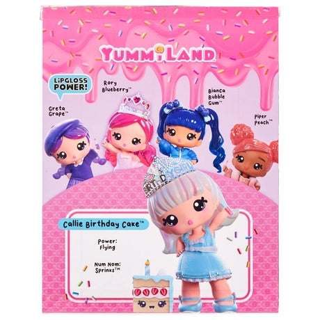 Yummiland Callie Birthday Cake character card showing doll artwork, a cake shaped pet and other Yummiland characters