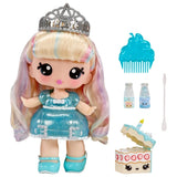Yummiland Callie Birthday Cake doll shown with hairbrush, lip gloss bottles, spoon and cake shaped pet