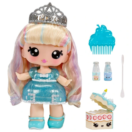 Yummiland Callie Birthday Cake doll shown with hairbrush, lip gloss bottles, spoon and cake shaped pet