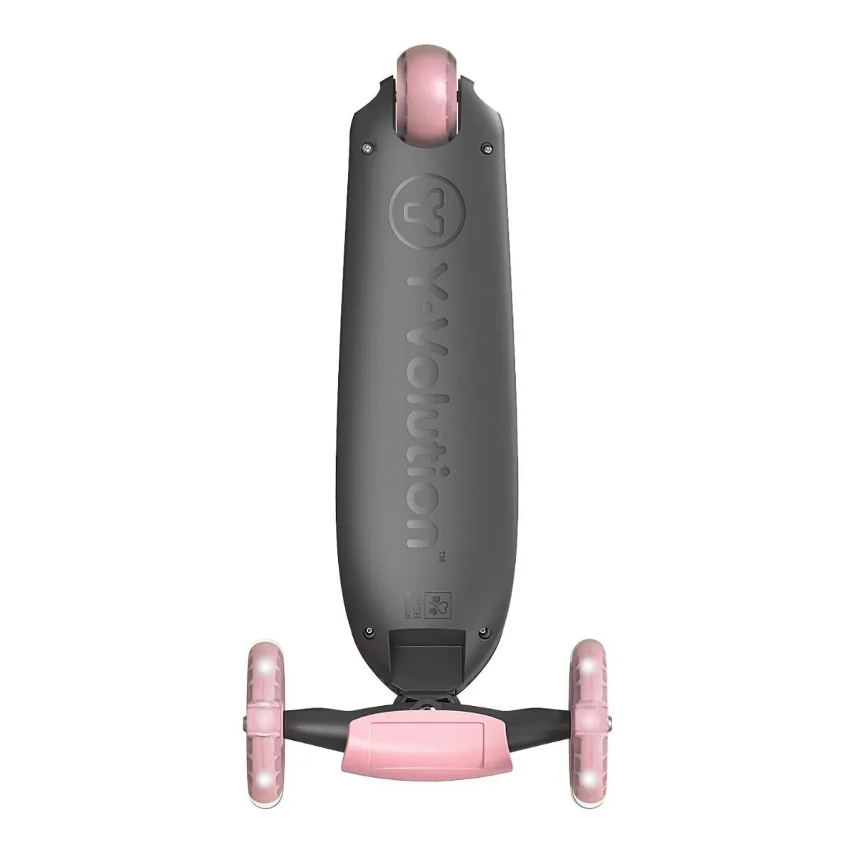 Underside view of a Yvolution Glider Kiwi scooter with a black deck, rear brake, and two pink rear wheels.