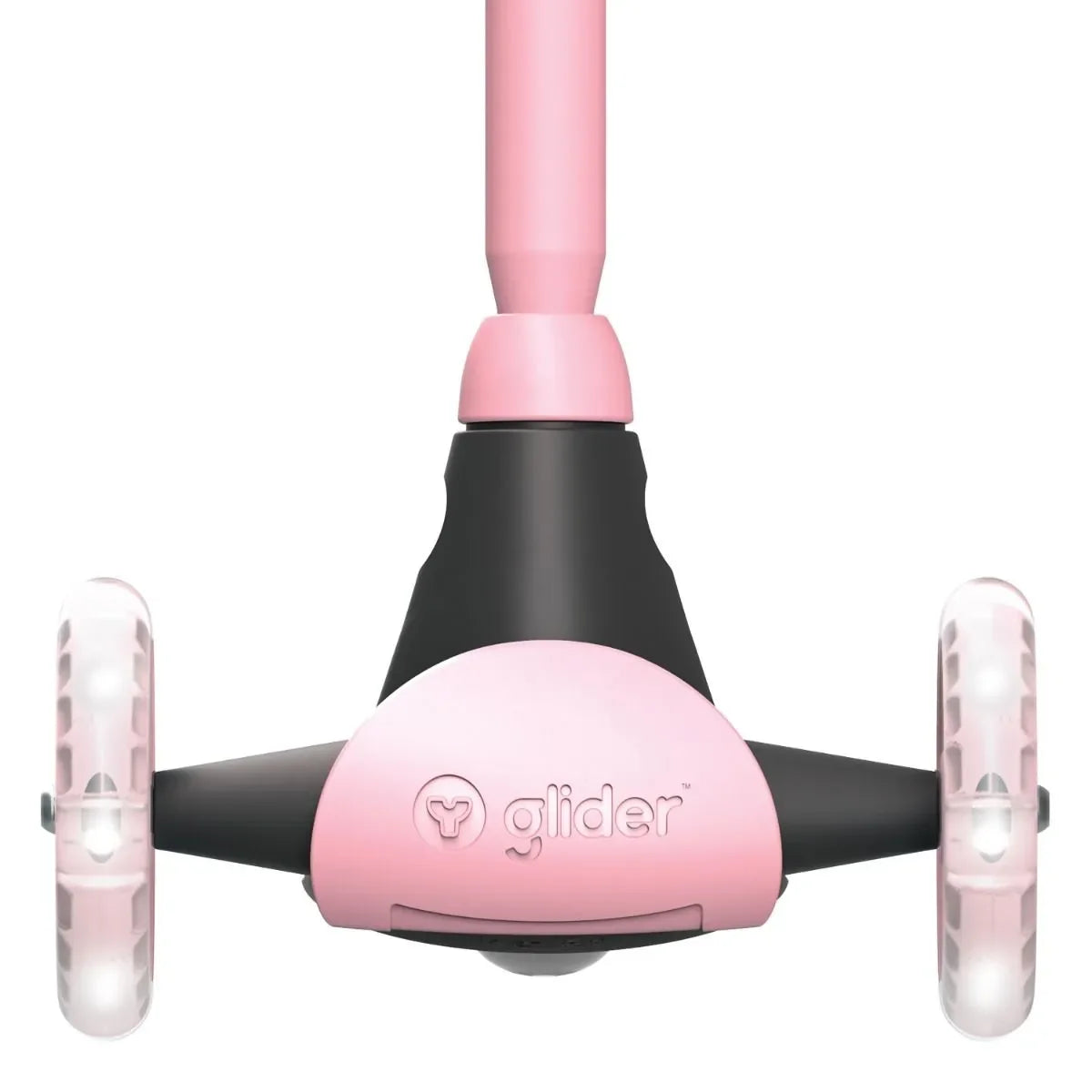 Front section of a pink Yvolution Glider Kiwi scooter showing the LED wheels and the black and pink frame.