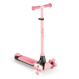 A pink Yvolution Glider Kiwi scooter with three wheels, LED light up fronts, soft grips, and an extra wide deck.