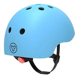 Blue Yvolution kids helmet rear angled view showing back vents, shell curve, and black straps on a white background