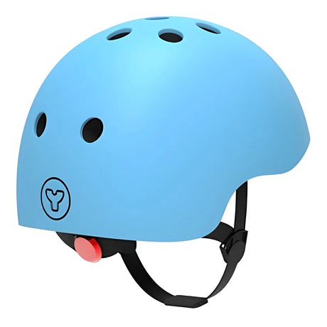 Blue Yvolution kids helmet rear angled view showing back vents, shell curve, and black straps on a white background