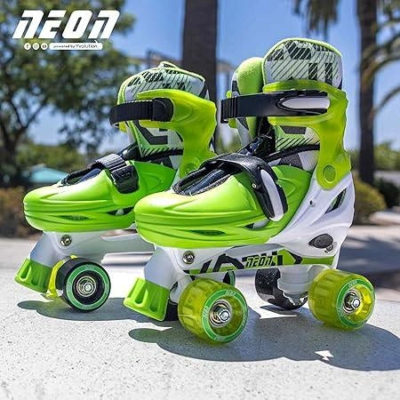 Yvolution Neon Combo Skates Green pair shown outdoors in quad mode