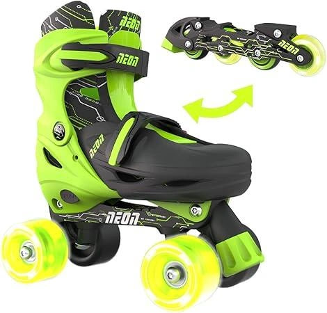 Yvolution Neon Combo Skates Green showing quad skate setup with inline wheel layout graphic