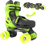 Yvolution Neon Combo Skates Green showing quad skate setup with inline wheel layout graphic