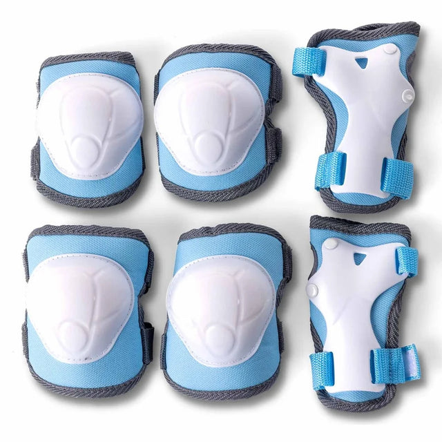 Blue Yvolution kids safety pad set with knee elbow and wrist guards laid out on a white background