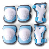 Yvolution blue safety pads showing knee elbow and wrist guards with durable white protective shells