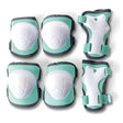 Green kids safety gear set with knee, elbow, and wrist pads arranged on a white background