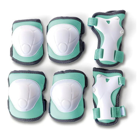 Green kids safety gear set with knee, elbow, and wrist pads arranged on a white background