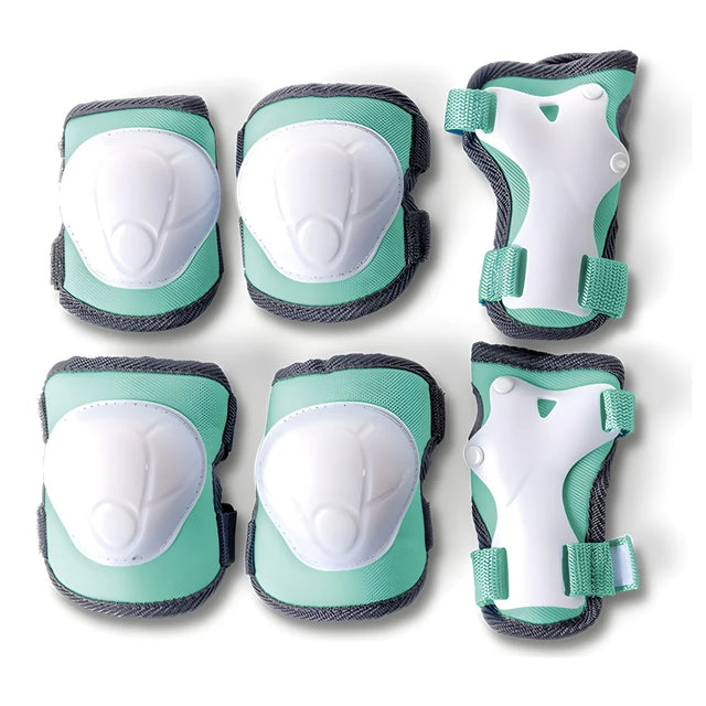 Green kids safety gear set with knee, elbow, and wrist pads arranged on a white background
