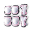 Pink kids safety gear set with knee, elbow, and wrist pads laid out on a clean white background