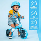 Child riding Yvolution Velo Junior Balance Bike Blue with size, age and maximum weight icons shown