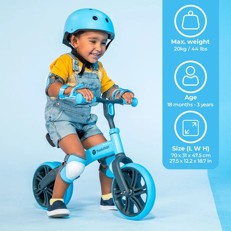 Child riding Yvolution Velo Junior Balance Bike Blue with size, age and maximum weight icons shown