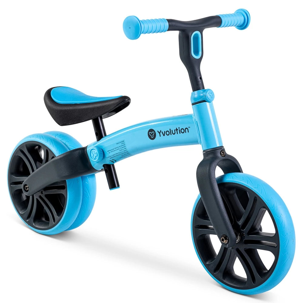 Yvolution Velo Junior Balance Bike Blue shown from a front angle with dual rear wheel