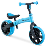 Yvolution Velo Junior Balance Bike Blue shown from a front angle with dual rear wheel
