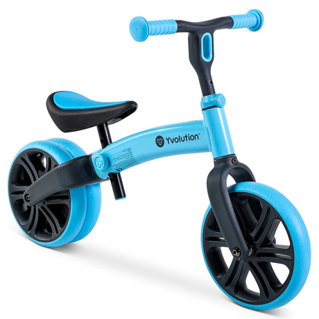 Yvolution Velo Junior Balance Bike Blue shown from a front angle with dual rear wheel
