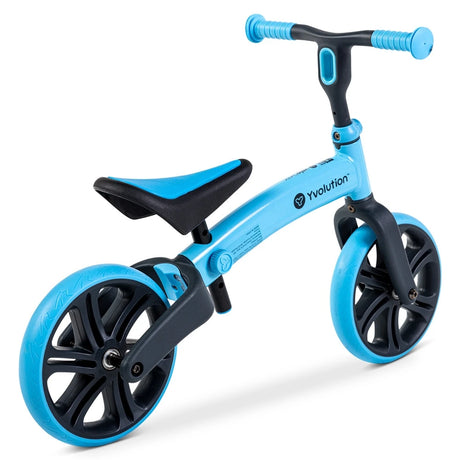 Yvolution Velo Junior Balance Bike Blue shown from the side with single rear wheel