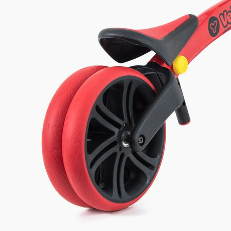 Close-up of Yvolution Velo Junior Balance Bike Red dual rear wheel and saddle