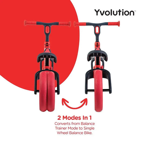Yvolution Velo Junior Balance Bike Red two modes graphic showing dual rear wheel and single rear wheel setup