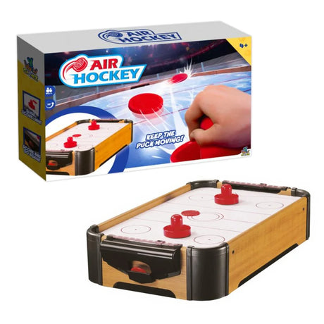 Air Hockey tabletop game box with mini wooden style game, two red mallets and red puck