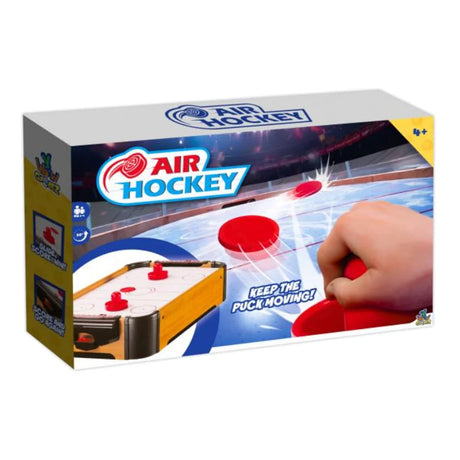 Front of Air Hockey tabletop game box showing a hand holding a red mallet and puck