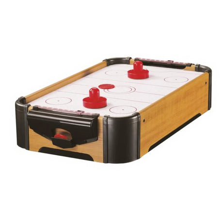 Mini tabletop air hockey game with wooden style sides, two red mallets and red puck