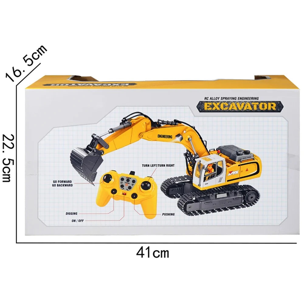 Excavator box front showing yellow RC excavator, remote control and 41cm, 22.5cm and 16.5cm dimensions