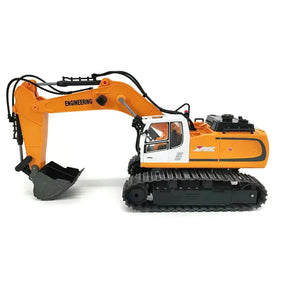 Yellow ZMX Engineering excavator toy with black crawler tracks, grey bucket and detailed cab