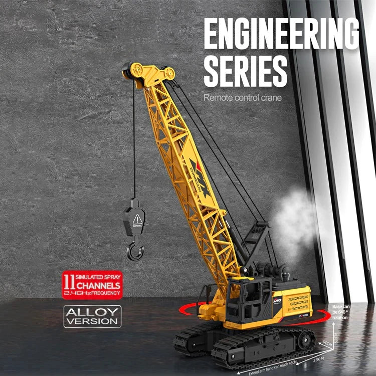 ZMX Engineering Series crawler crane image showing simulated spray, 11 channels text and yellow crane on tracks