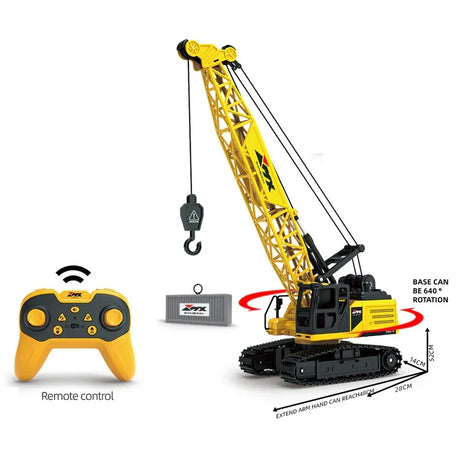 ZMX crawler crane product image showing yellow crane, remote control, battery and 640 degree rotation text