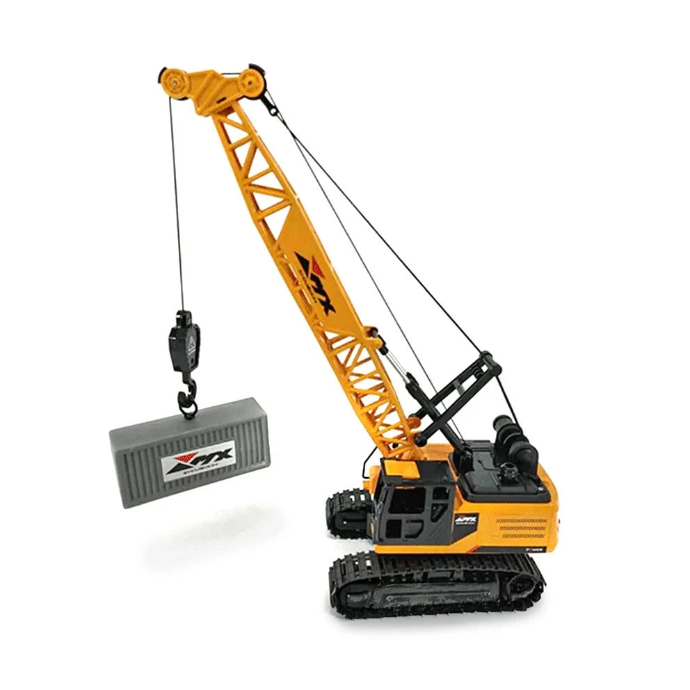 Yellow ZMX crawler crane toy with black tracks, lifting hook and grey container load