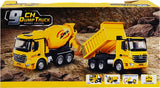 Packaging panel showing yellow construction trucks, feature icons and 9CH Dump Truck branding