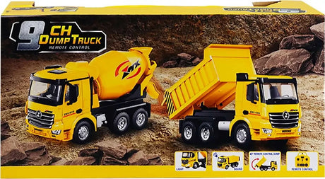 Packaging panel showing yellow construction trucks, feature icons and 9CH Dump Truck branding